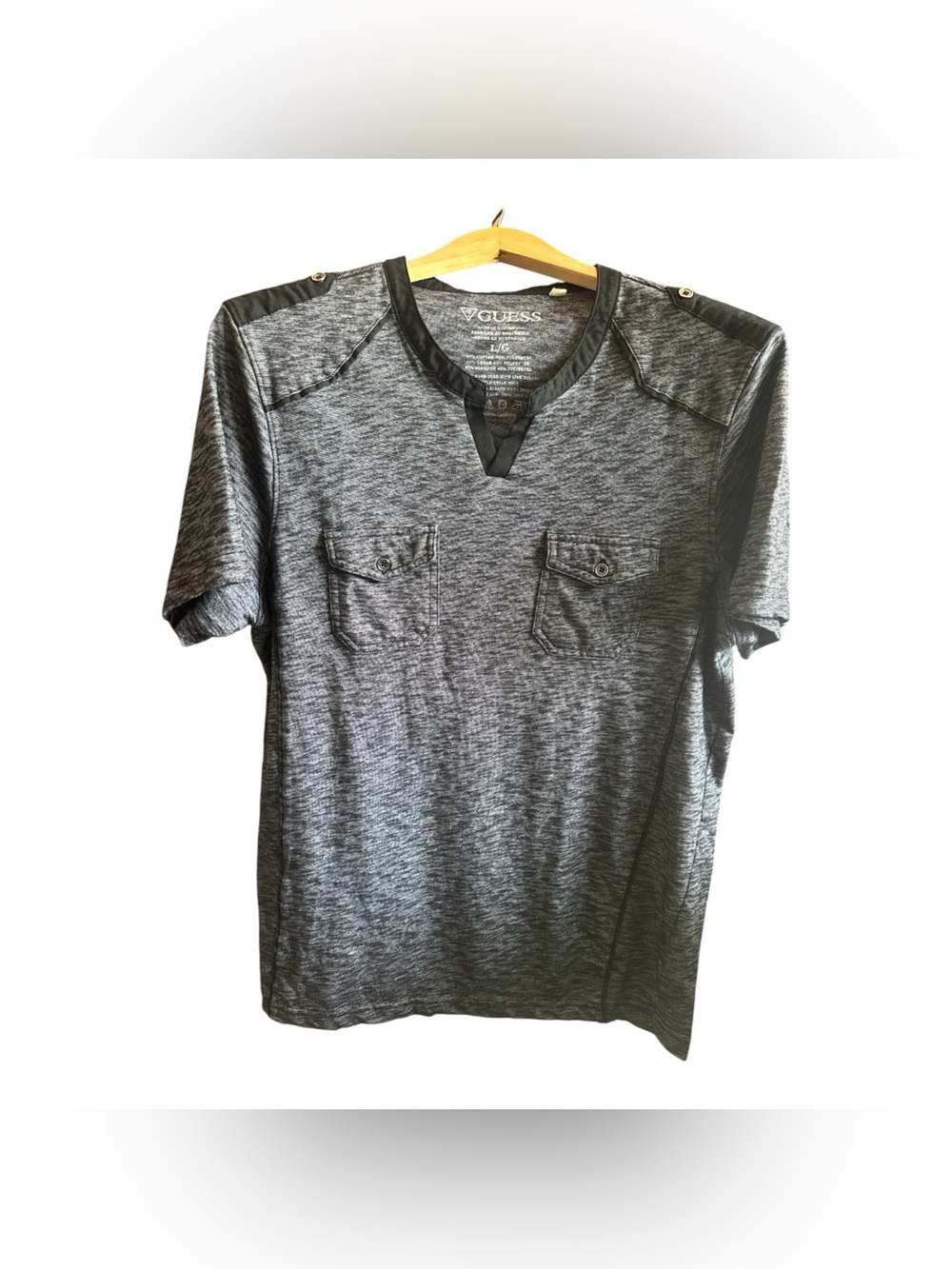 Guess Men’s Large Charcoal Heather Short-Sleeve Henley Pocket Tee T-Shirt Casual